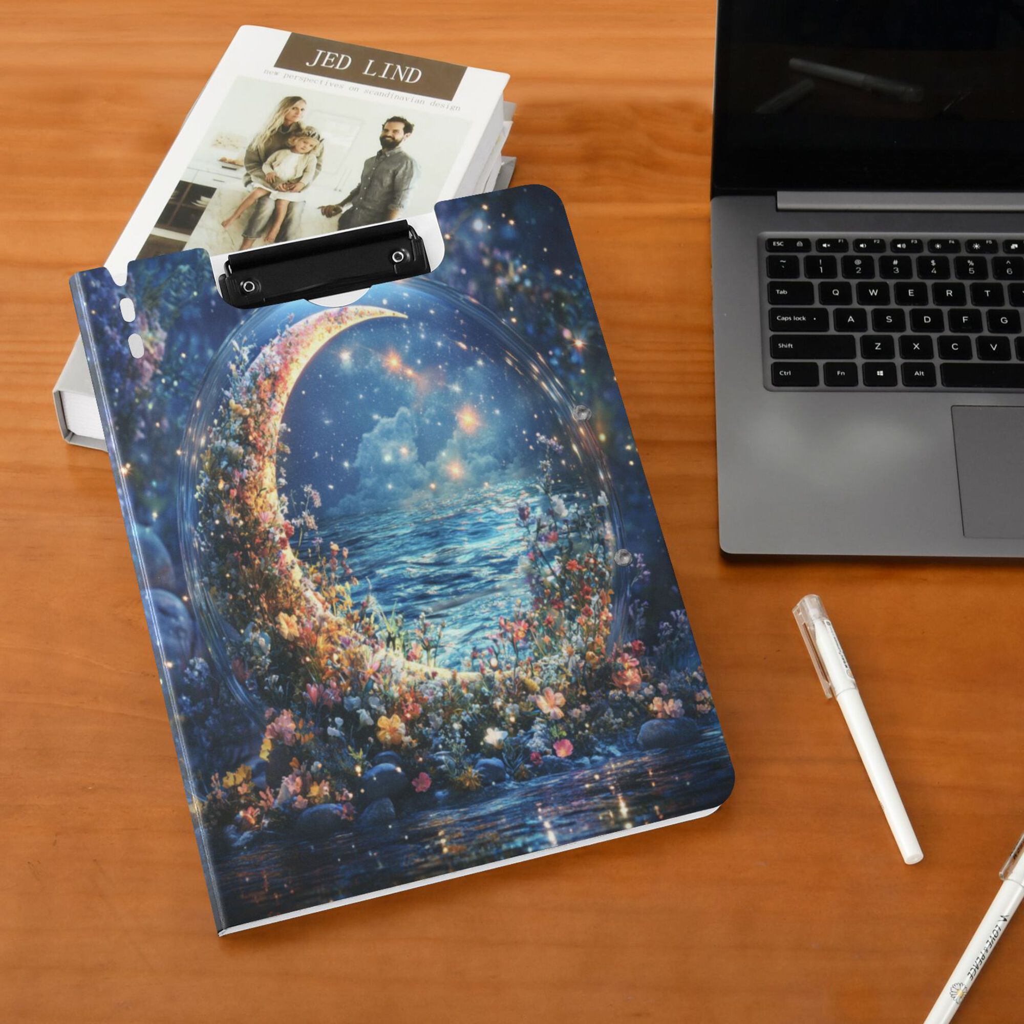 FORMRS A4 Clipboard Folder with Pen Holder Horizontal Foldable School Office Binder, Crystal Moon
