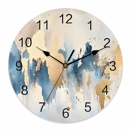 12 Inch Light Blue Gold Abstract Wall Clock, Modern Art Oil Painting Style Ombre Battery Operated Silent Non Ticking Clocks, Easy to Read Round Wall Clock for Kitchen/Living Room/Bedroom/Bathroom