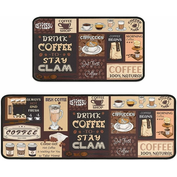 Coffee Kitchen Rugs and Mats Non-Slip, Washable, Stain and Fade Resistant, Suitable for Anti Fatigue Kitchen Mat Set of 2 Coffee Kitchen Decor 17 x47 17"x30"