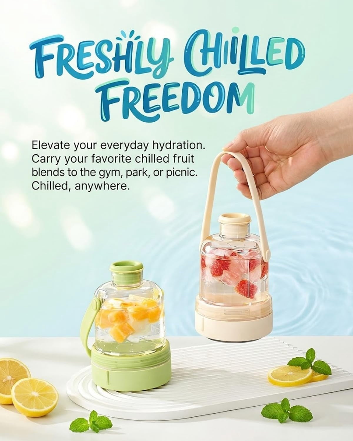 2-in-1 Water Bottle with Built-In Ice Tray – Transparent Portable Ice Maker Bottle, Easy-Release Silicone Cube Mold, Press-to-Release Square Ice Maker for Freezer, Drinks