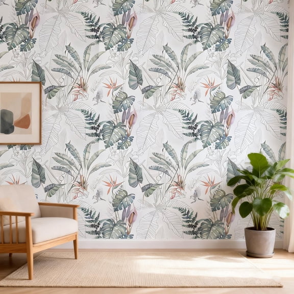Ababoorty Boho Tropical Floral Wallpaper 17.7"x118" Bird of Paradise Monstera Peel and Stick Removable Waterproof Wallpaper for Bathroom Laundry Room Décor