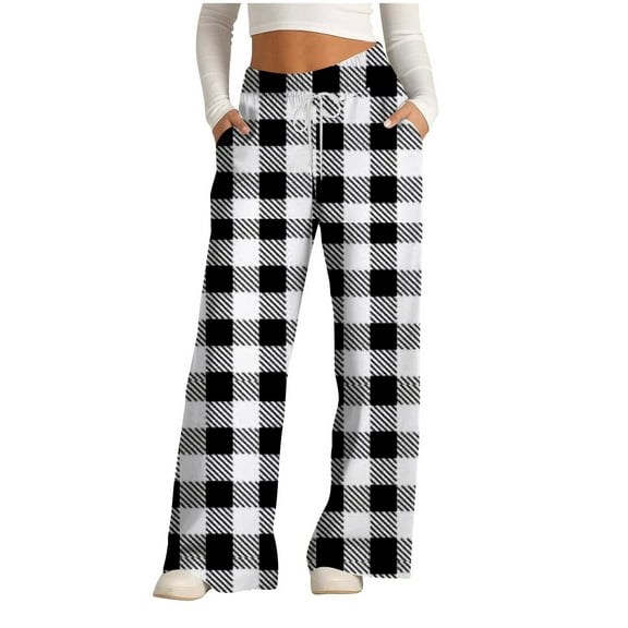 Lenpel Women's Wide Leg Sweatpants Plaid High Waist Drawstring Baggy Lounge Trousers Athletic Workout Joggers