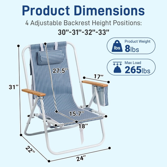 FASCK Folding Beach Chair, 4 Position Portable Backpack Camping Chair with Cup Holder