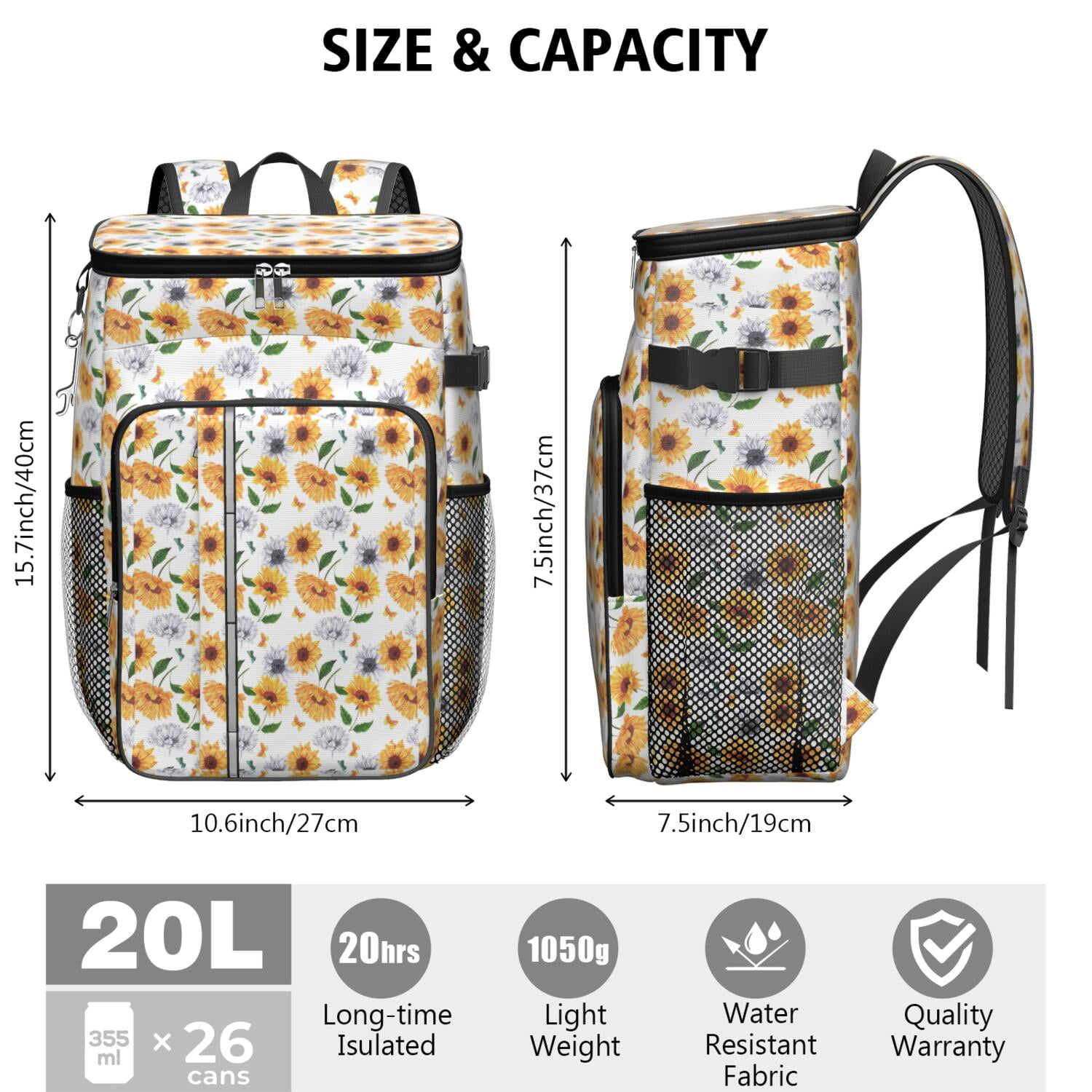 Travel Cooler Bag - White Sunflower Camping Beer Cooler Backpack with Bottle Opener- Waterproof Insulated Picnic Backpacks - Cooler Bag for Beach