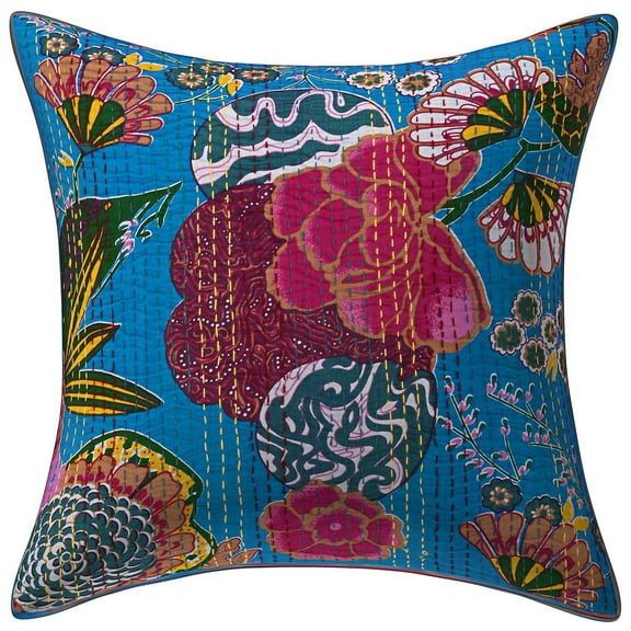 Stylo Culture Indian Chair Seat Throw Pillow Cover 18 x 18 Kantha Printed Turquoise Hand Stitched 45x45 cm Home Decor Cotton Tropicana Square Cushion Cover | 1 Pc