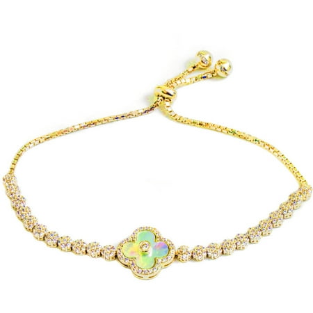 Pori Jewelers CZ 18kt Gold-Plated Sterling Silver Clover Friendship Bolo Adjustable Bracelet
