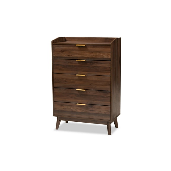 Baxton Studio Lena Mid-Century Modern Walnut Brown Finished 5-Drawer Wood Chest