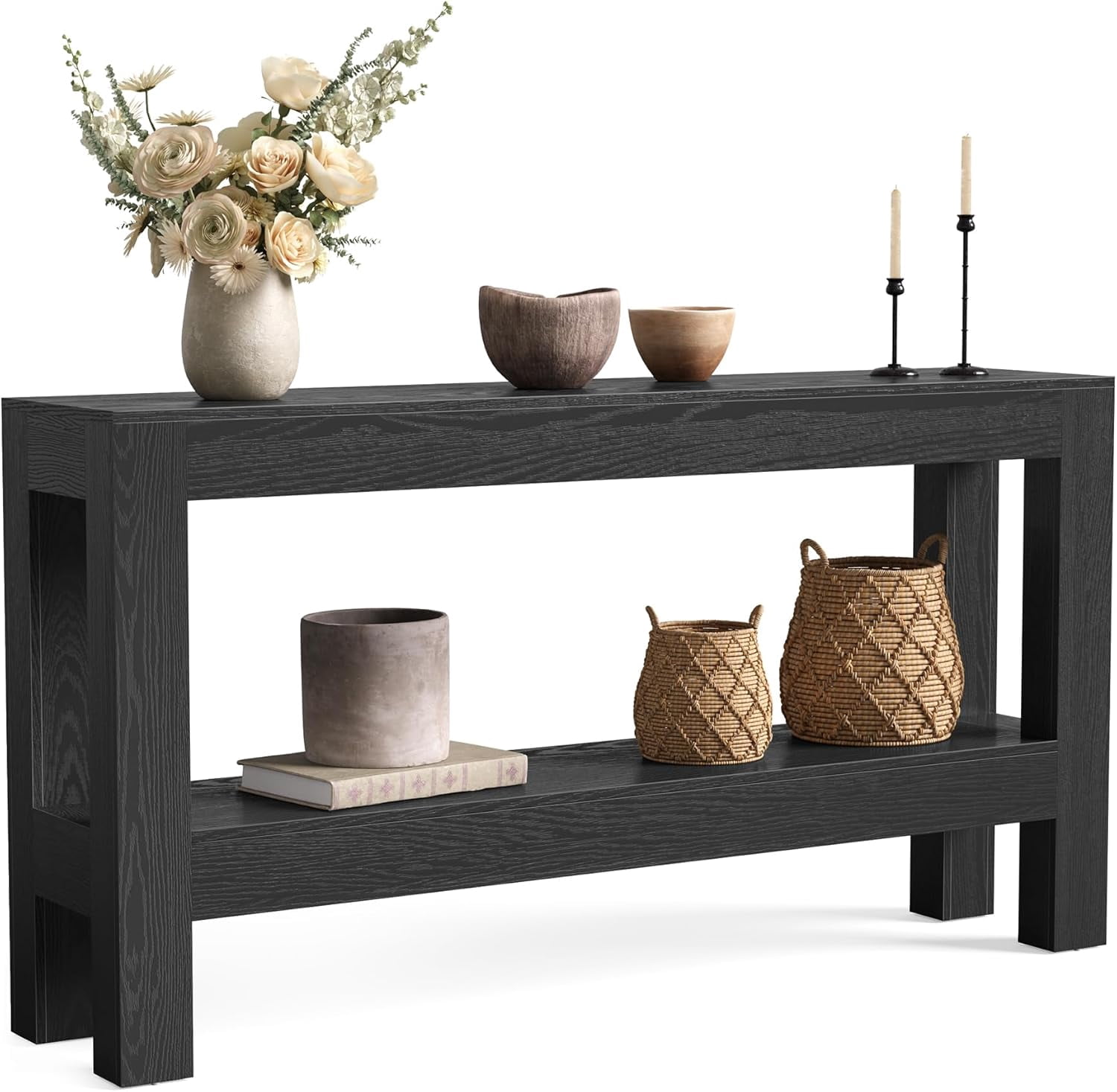 Fimind 63-Inch Black Console Table with 2-Tier Storage, Narrow Long Entryway Table for Living Room, Hallway, Sofa, Entrance, or Foyer
