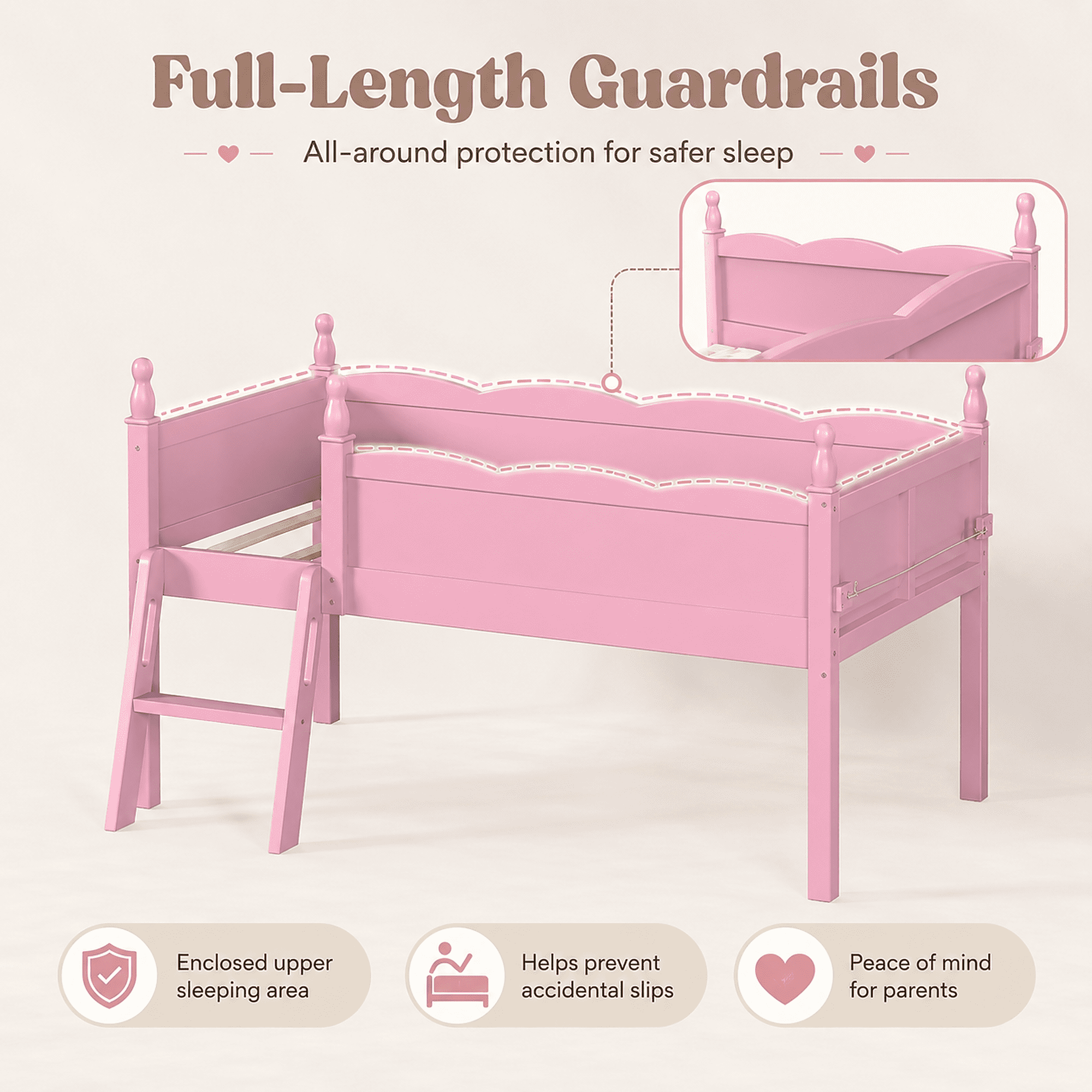 Miniyam Twin Low Loft Bed with Bookshelf and Guardrails, Wood Kids Bed for Bedroom, Pink