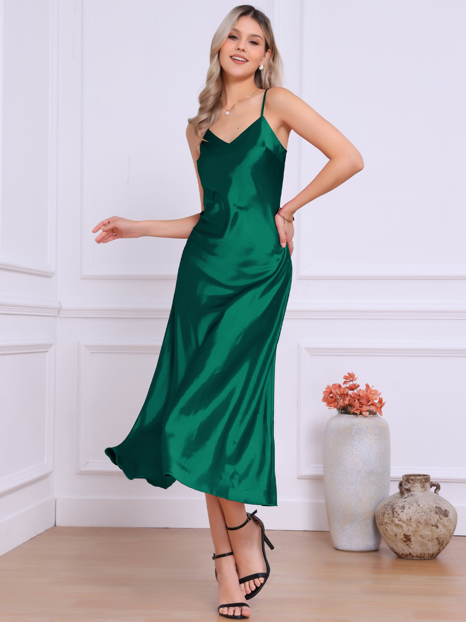 DARING DIVA Satin V Neck Spaghetti Strap Silky Maxi Dress S Green