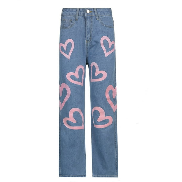 Jeans for Women High Waist Button Heart Printed Baggy Straight Leg Jeans  Ladies Lounge Street Style Jeans Denim