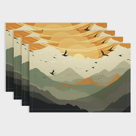 

Fenyluxe Birds Mountain Sunset Linen Placemat Set of 4 for Birthday Parties Christmas Restaurants Home Decor 18x12in