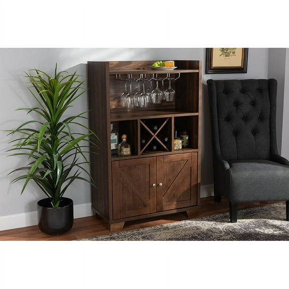 Baxton Studio Carrie Transitional Farmhouse Walnut Brown Finished Wood Wine Storage Cabinet