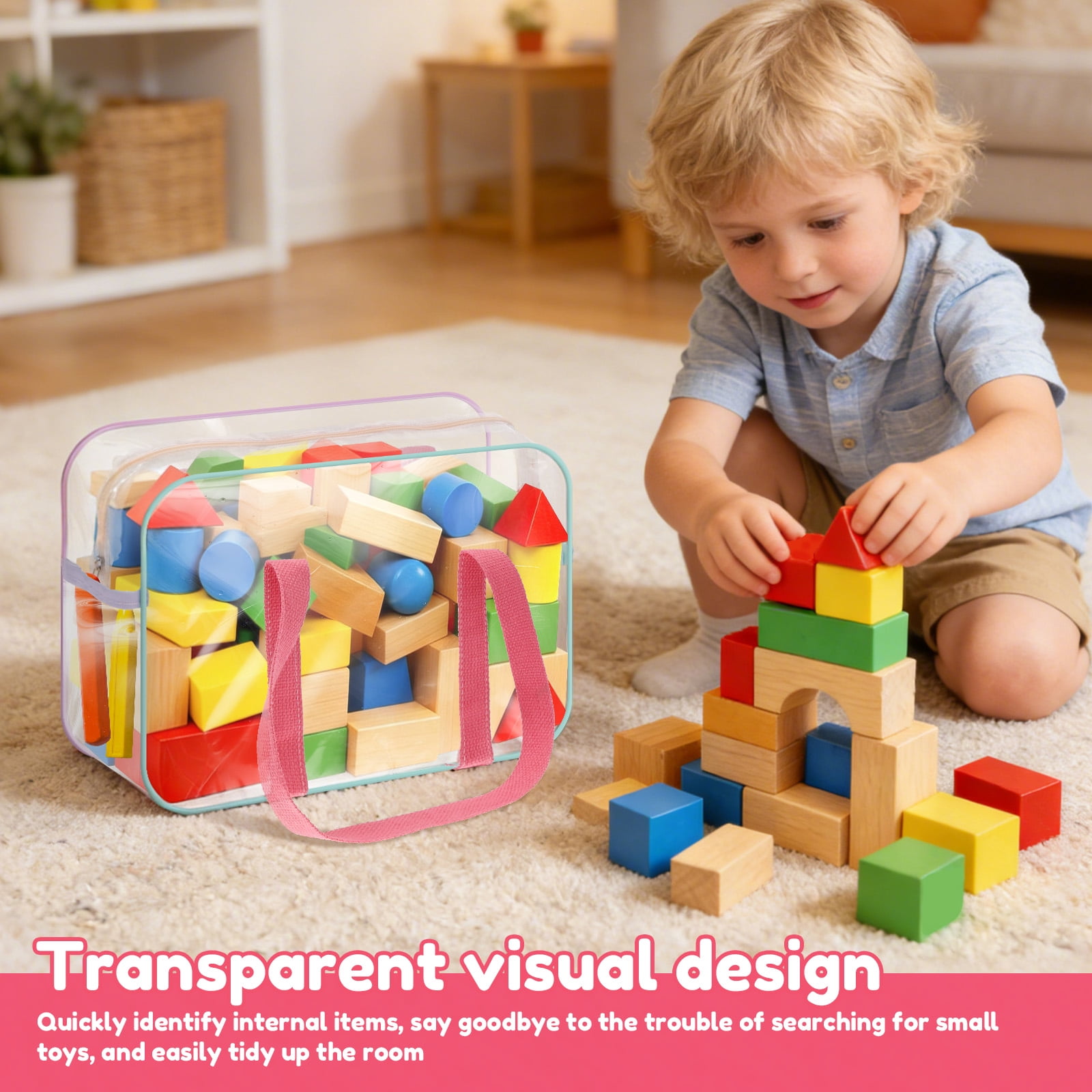 Grusce 4Pcs PVC Toy Storage Bags Waterproof Clear Toy Organizer Bag with Zip and Side Pockets for Building Blocks Puzzle 13.39x9.45x4.72 inch