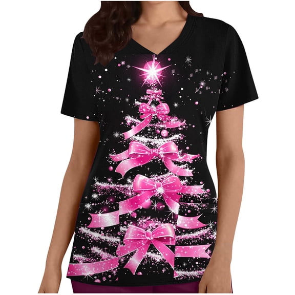 Xfvqtps Christmas Scrub Tops for Women Soft V-Neck Scrubs Comfortable Lightweight Nursing Uniforms Casual Printed Short Sleeve Nurse Top Working Uniforms with Pockets Black