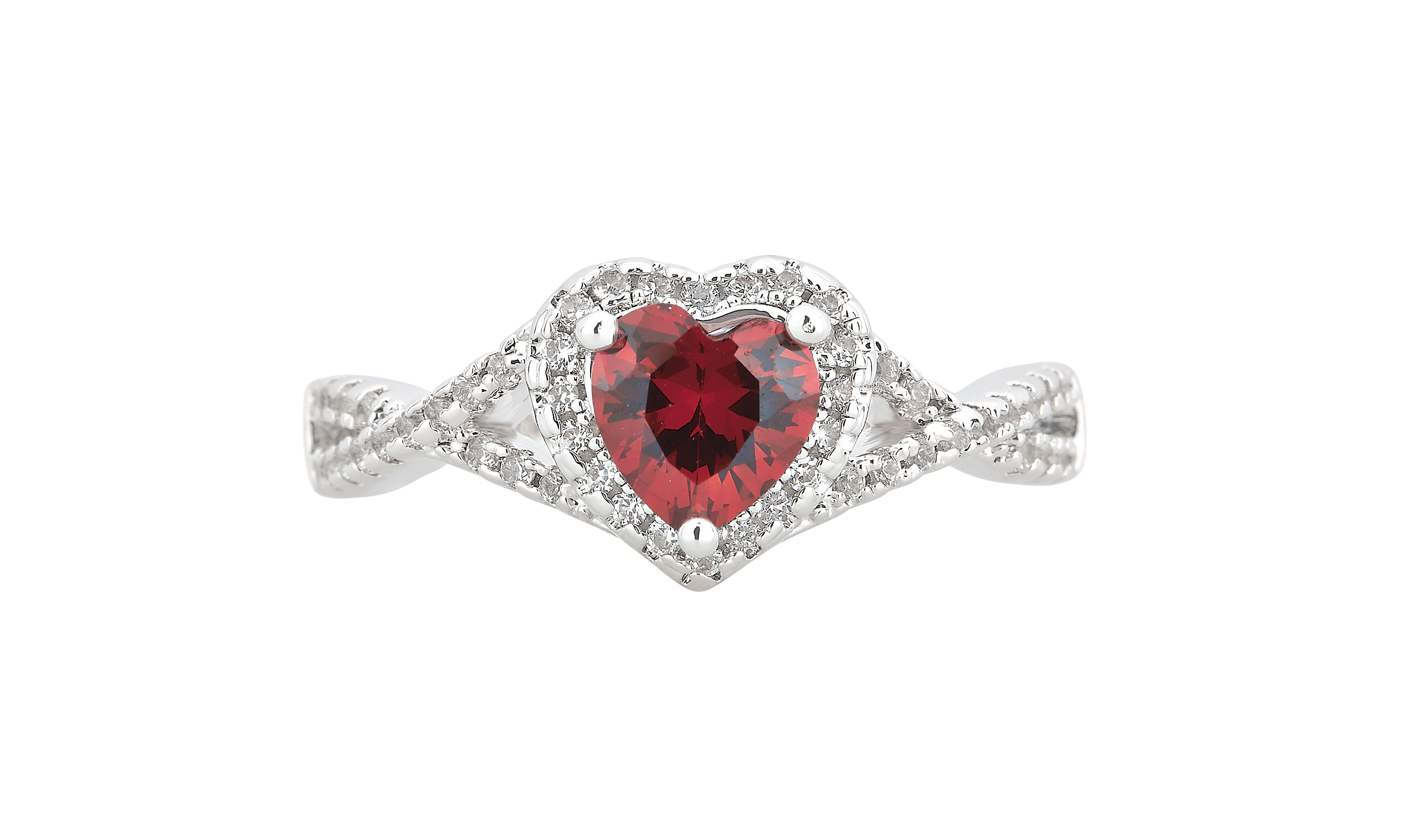 Arista Created Garnet and White Sapphire Women's Fashion Engagement Ring in Silver Overlay Brass