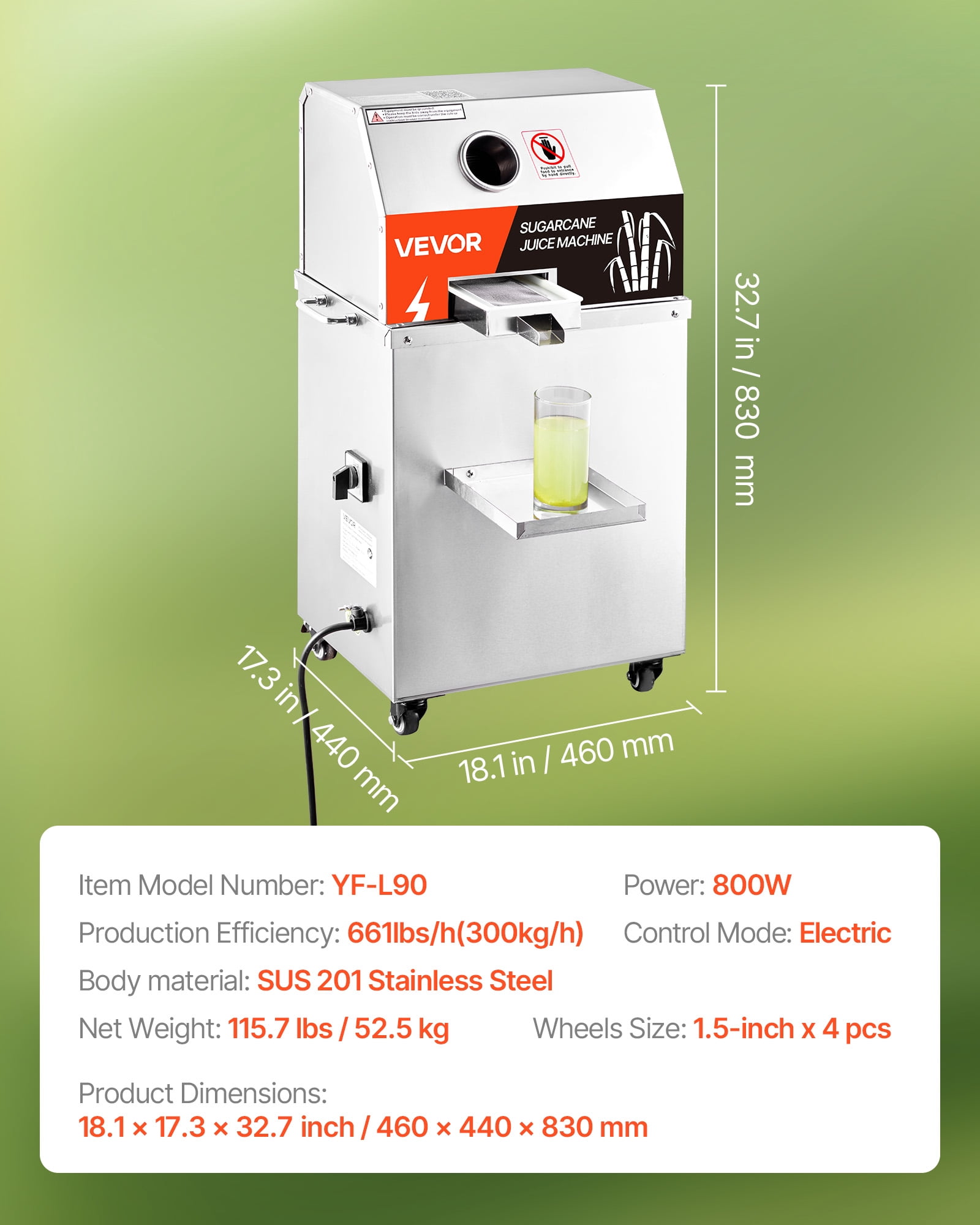 VEVOR Commercial Sugar Cane Juicer,800W Electric Sugarcane Juicer Machine with 661LBS/H High Output,3 Stainless Steel Rollers,Sugar Cane Press Juice Extractor Squeezer on Wheels for Home/Commercial