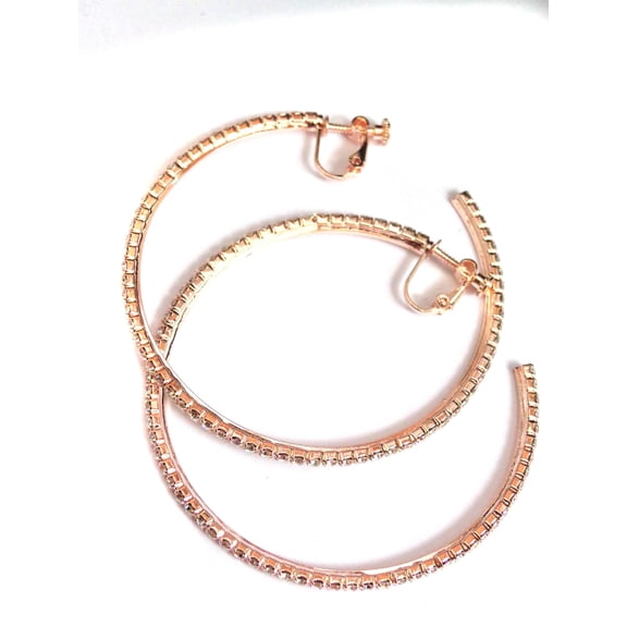Clip-on Earrings Rhinestone Crystal Rose Gold Tone 2.5 inch Hoop Earrings