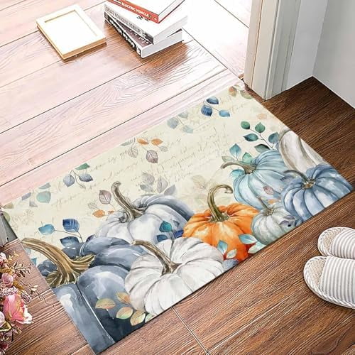 Doormat Indoor Entrance Home Decor Door Mat Blue Fall Floor Rugs for Kitchen Bathroom Thanksgiving Pumpkins Maple Leaf Vintage Funny Welcome Mat 16x24 Inch.