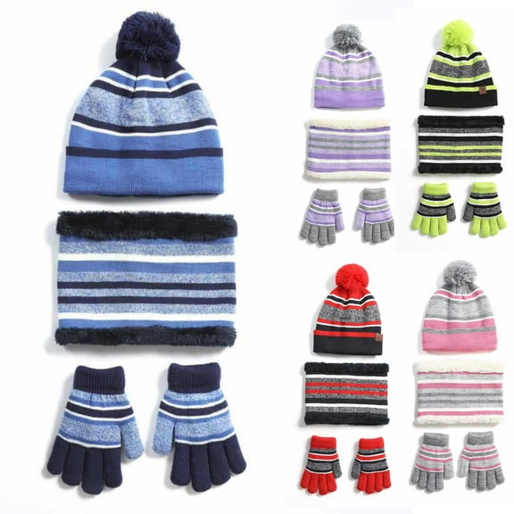 Windfall Kids Boys Girls Winter Knit Warm Fleece Lined Cute Pompom Beanie Hats Caps and Infinity Scarf Mittens Gloves Set for Children