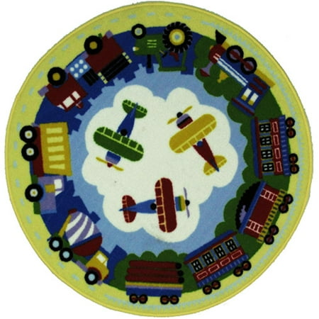 Fun Rugs Olive Kids Trains, Planes and Trucks Round Rug, Multi-Color