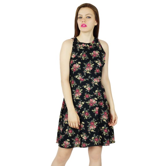 Bimba Women Black Floral Rayon Dress Sleeveless Classic Chic Summer Custom Clothing
