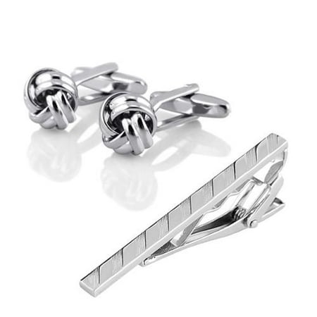 Zodaca Mens Metal Silver Tone Simple Necktie Tie Bar Clasp Clip+Silver Knot Cufflinks