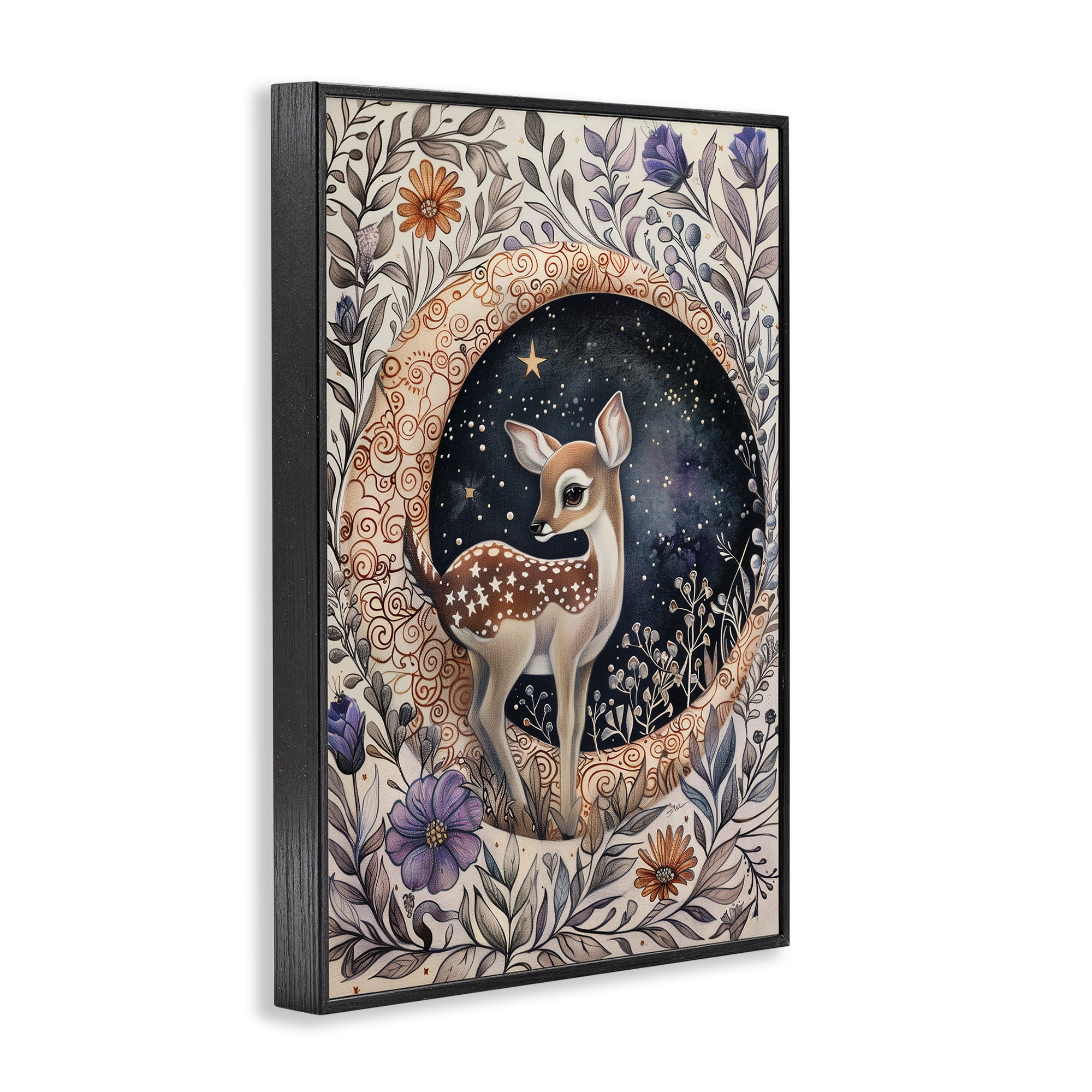 Stupell Industries Floral Fawn & Moon Animals & Insects Painting Black Framed Art Print Wall Art, 16 x 24