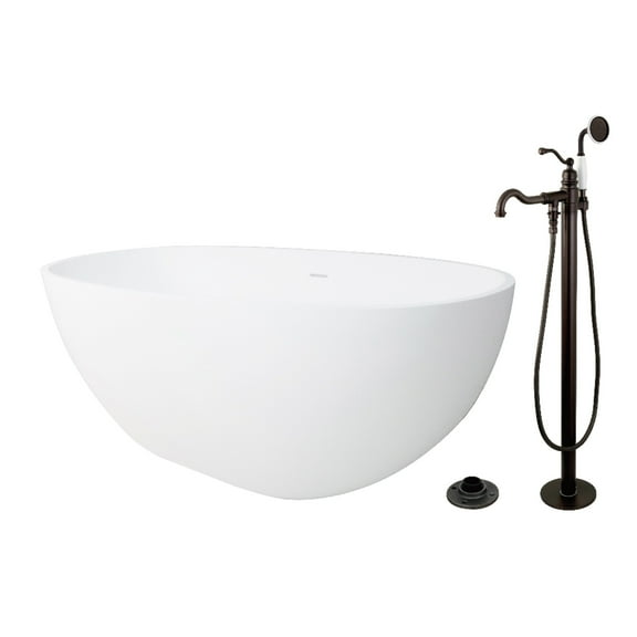 Kingston Brass KRTRS6531135AL 65" Solid Surface Oval Double Ended Freestanding Tub with Faucet Combo and Drain, Oil Rubbed Bronze