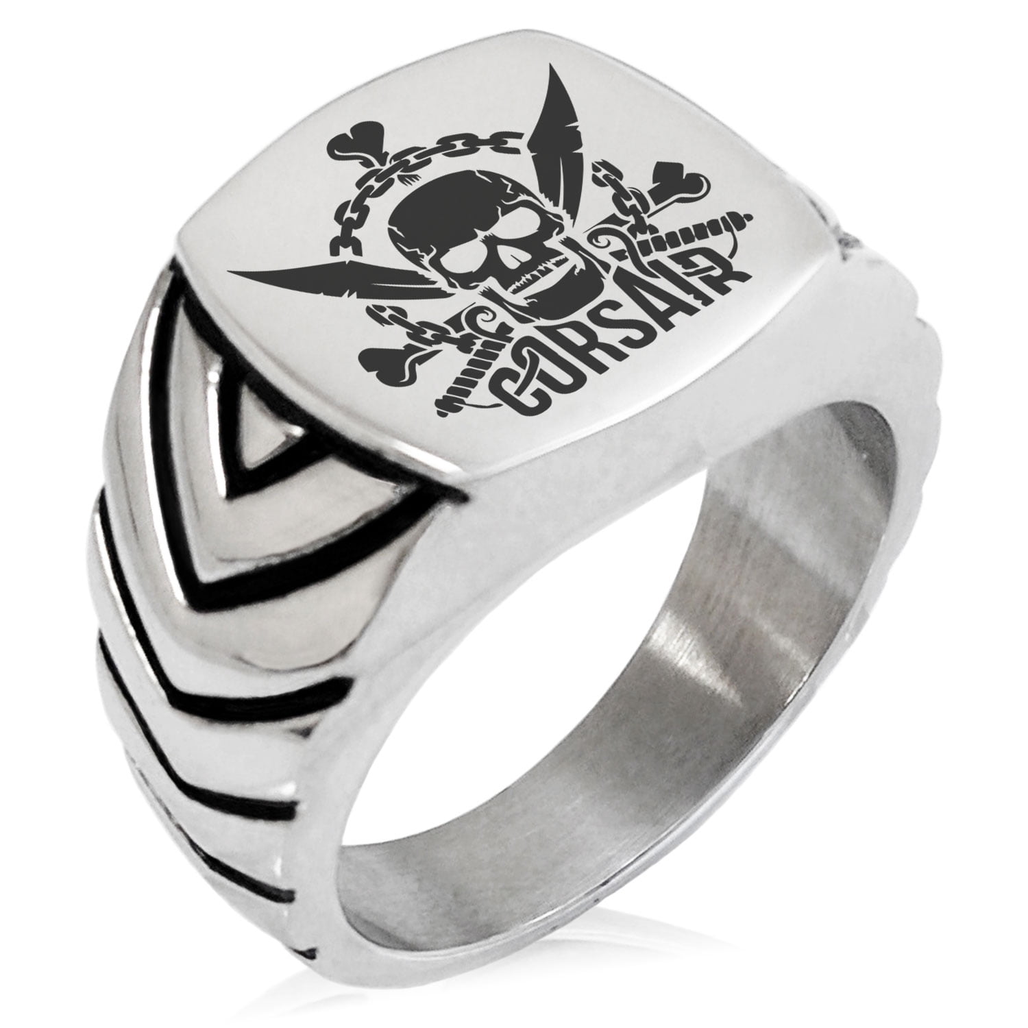 Tioneer Stainless Steel Pirate Anchor /& Pistols Emblem Chevron Pattern Biker Style Polished Ring