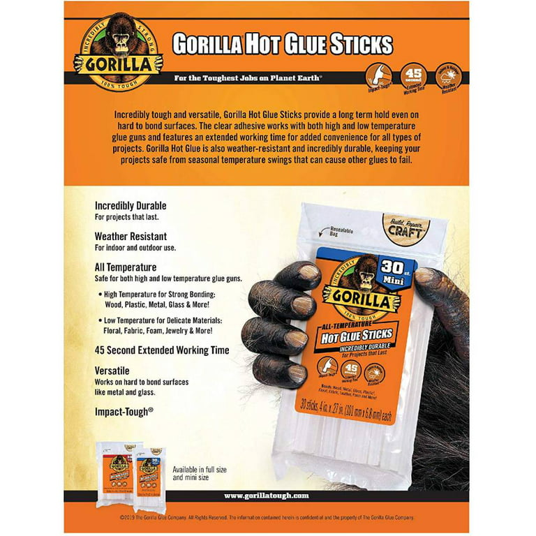 Gorilla Hot Glue Gun Mini Dual Temp Folding Stand Long Nozzle 20 Watts, 6  Pack
