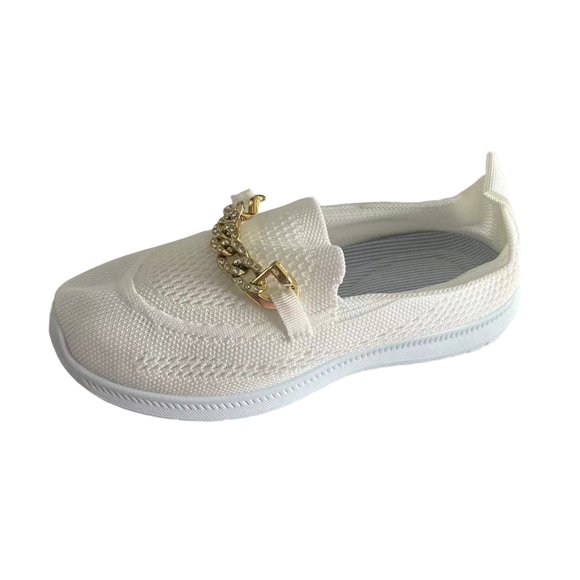 WEAIXIMIUNG White Sneakers for Women Dressy Comfortable Ladies Fashion Solid Color Breathable Mesh Metal Chain Decoration Comfortable Casual Sports Shoes