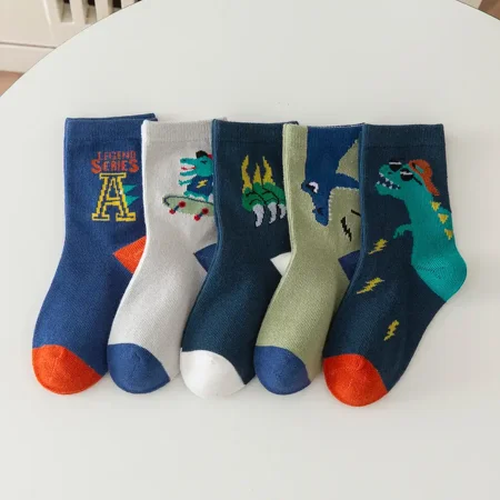 

5pairs Kids Socks Cartoon Dinosaur Graphic Cotton Crew Socks For Boys And Girls