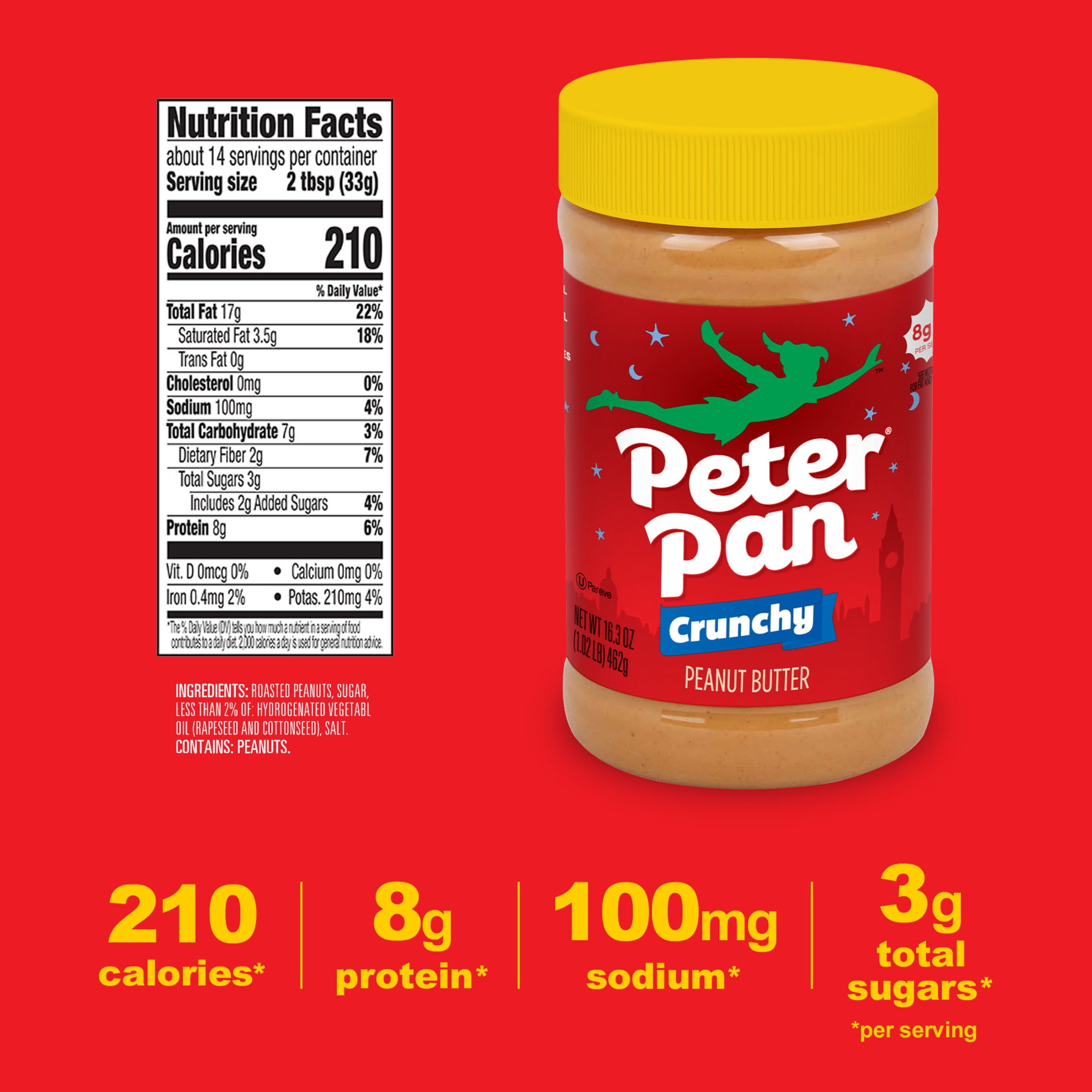 (2 pack) Peter Pan Crunchy Peanut Butter, Smooth, Gluten Free Peanut Butter, 16.3 oz Jar