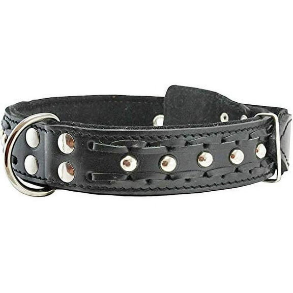 High Quality Genuine Leather Braided Studded Dog Collar, Black 1.6" Wide. Fits 19"-24" Neck, Large