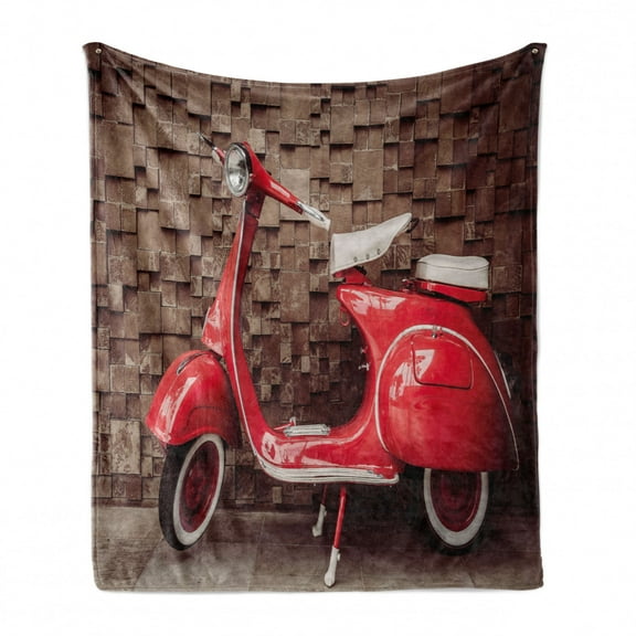 Vintage Soft Flannel Fleece Throw Blanket, Retro Motorcycle Nostalgic Scooter in Front of Wall Vehicle Traffic Urban Picture, Cozy Plush for Indoor and Outdoor Use, 60" x 80", Red Umber, by Ambesonne