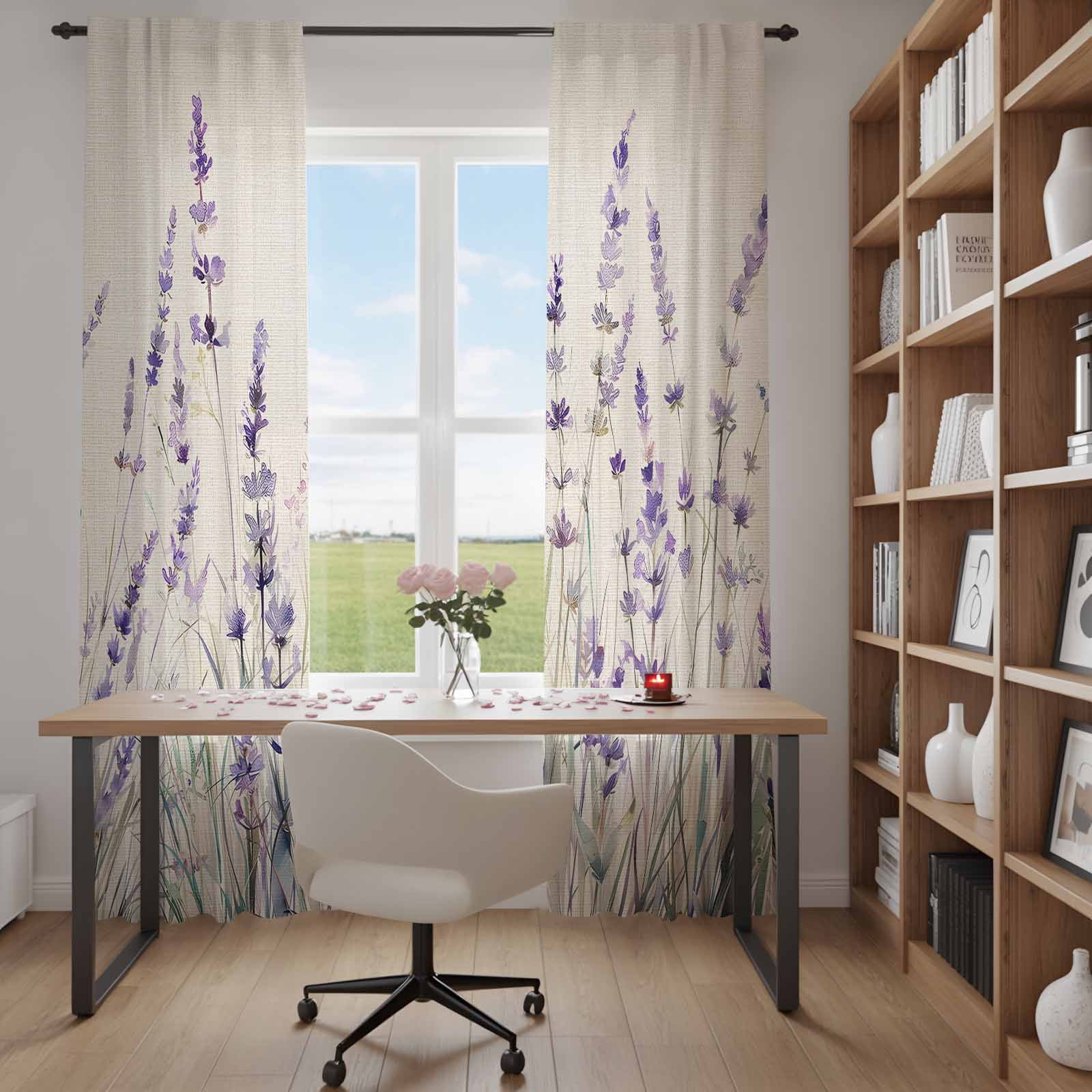 Spring Flower Sheer Curtains for Living Room Bedroom, Vintage Purple Lavender Linen Texture Light Filtering Sheer Curtain Rod Pocket Voile Window Treaments Drapes, 52 x 108 Inches