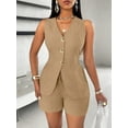 thumbnail image 3 of Women'S Summer 2 Piece Outfits Sleeveless Matching Sets Button Down V Neck Vest Waistcoat and Pockets Shorts Khaki S, 3 of 7