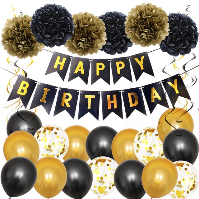 Injueey 17 unids/set decoraciones para fiesta de cumpleaños gran cartel de feliz cumpleaños mujer hombre decoración para el hogar globos dorados Kits de decoración para fiestas Negro Injueey HA002735-02