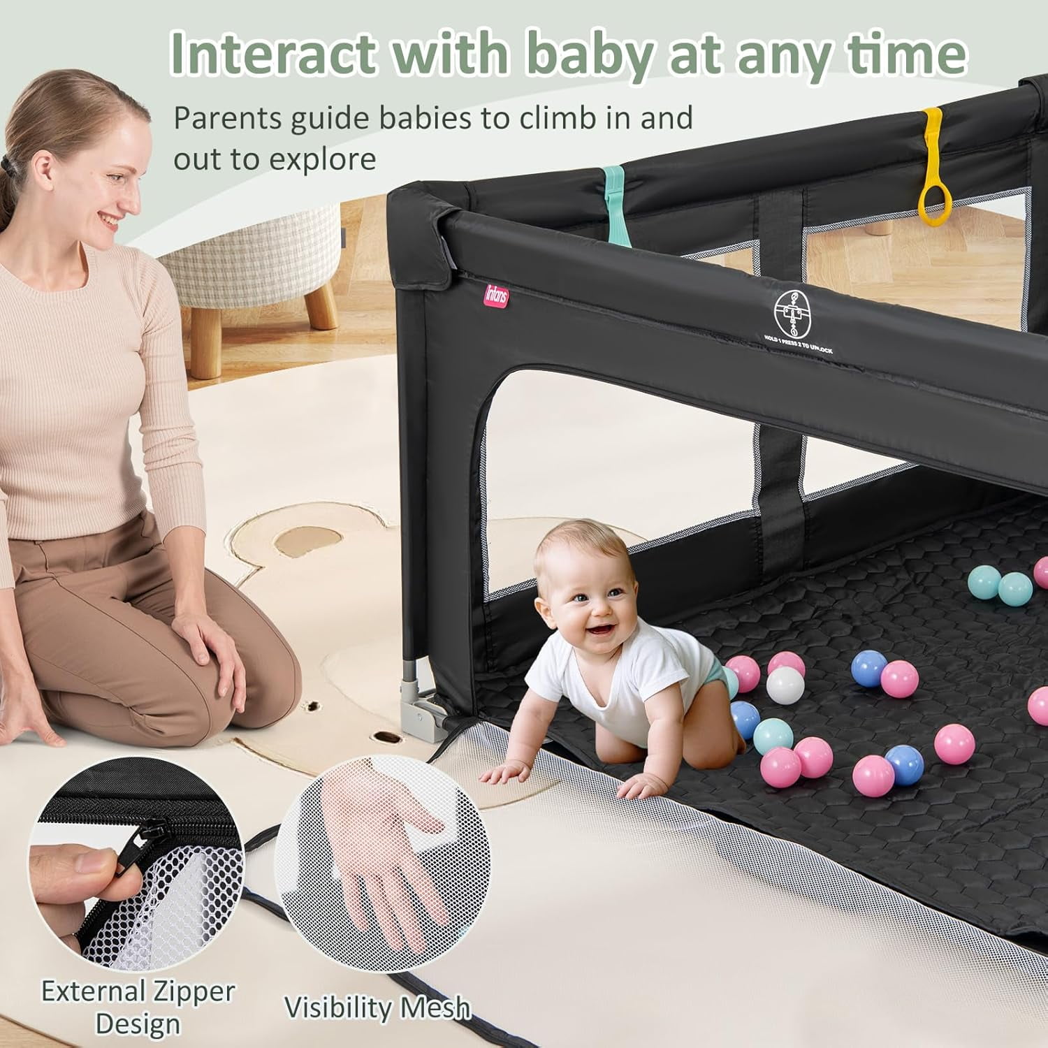 INFANS Foldable Baby Playpen with Mat, 59” x 59” Large Baby Play Yard for Infant with 50 Ocean Balls, 4 Handlers, Carry Bag, Indoor Outdoor Fence Toddler Activity Center