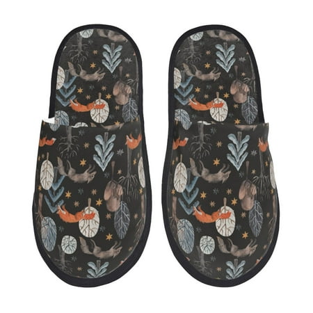 Balery Fox In The Forest Slient Indoor Furry Fleece Comfort House Shoes Soft Non-Slip Home Shoes Cotton slippers House Slippers-- Large