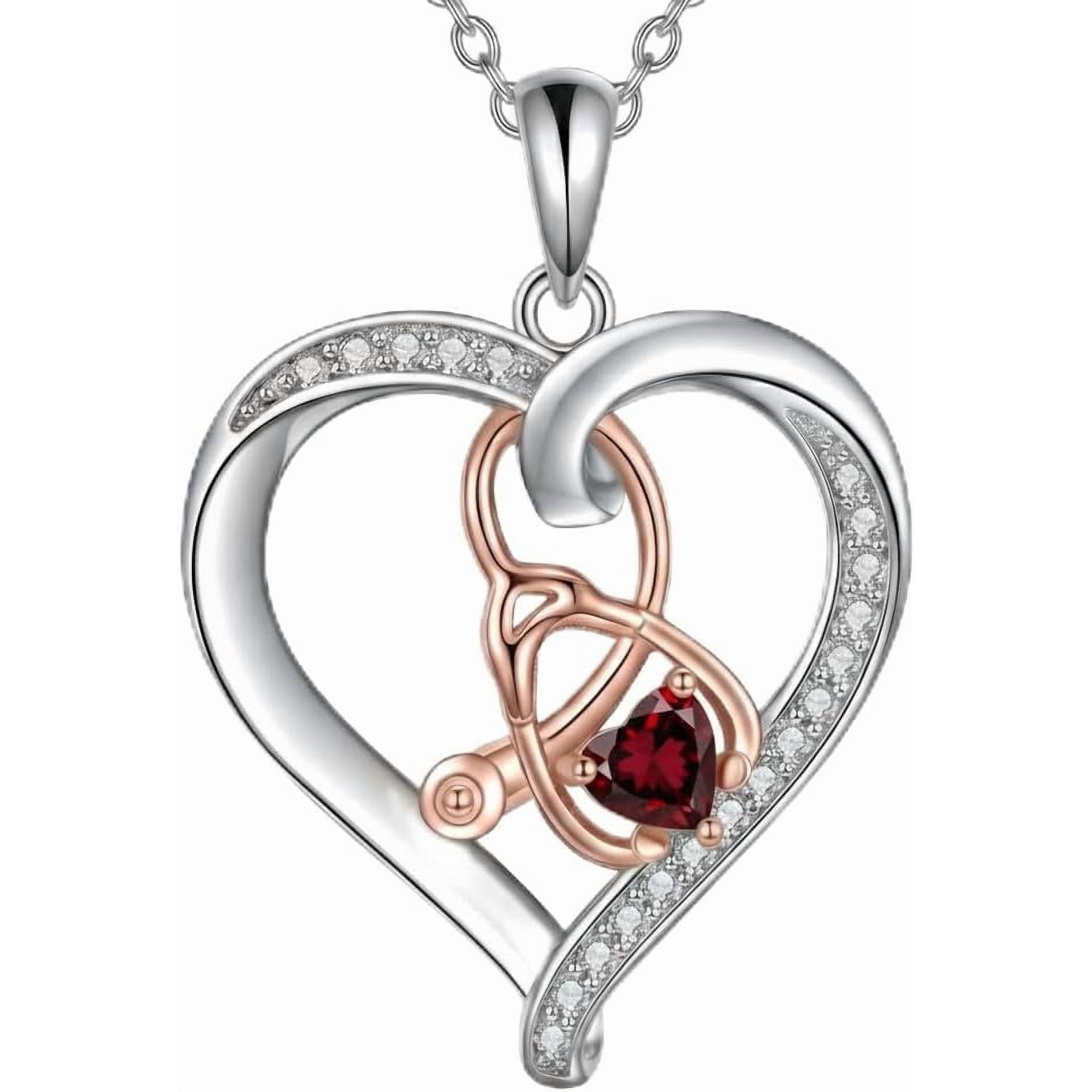 Stethoscope Heart Necklace for Nurse Gifts Stethoscope Necklace with 12 Months Heart Birthstone Nurse Week Christmas Birthday Jewelry Graduation Gifts for Women Nursing RN Student Doctor