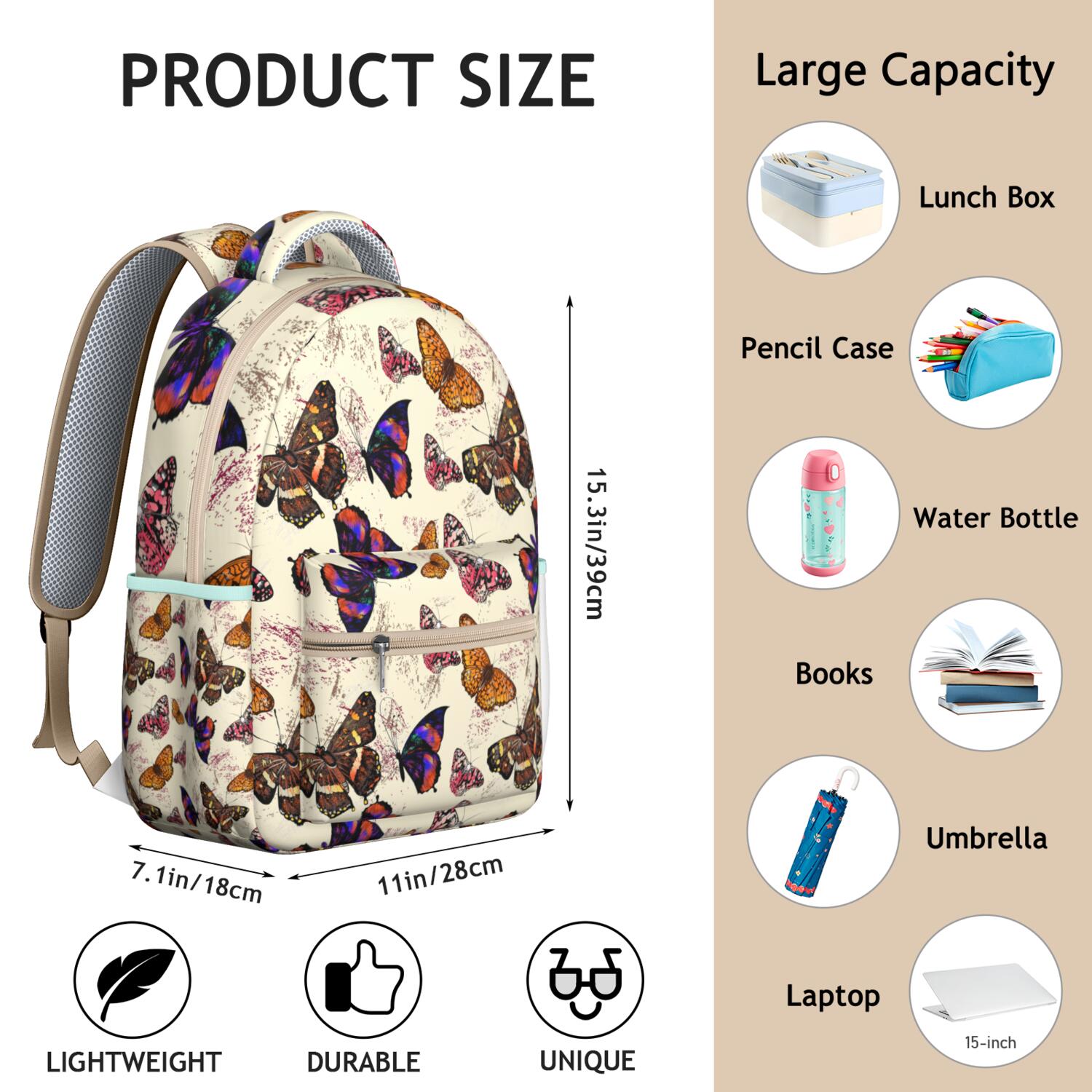 "Stylish Butterfly Design College Backpack - Roomy School Bookbag with 15 Inch Laptop Pocket, Water-Resistant, Trendy Bag for Women Students"