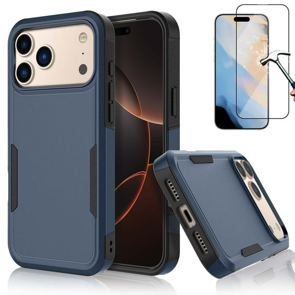 For iPhone 17 Air Phone Case, with Tempered Glass Screen Protector, Heavy Duty Rugged Shockproof Full Body Protection Sturdy Durable Cover Cute Bumper for Apple iPhone 17 Air 5G -Blue