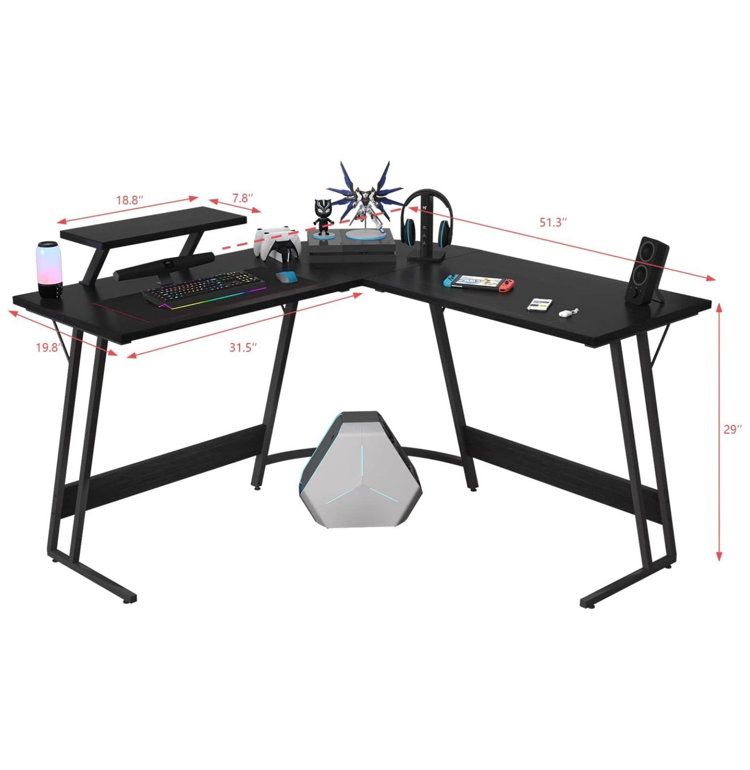 SONGMY L Shaped Gaming Desk Computer Corner Desk PC Gaming Desk Table with Large Monitor Riser Stand for Home Office Sturdy Writing Workstation (Classical Black, 51 Inch)