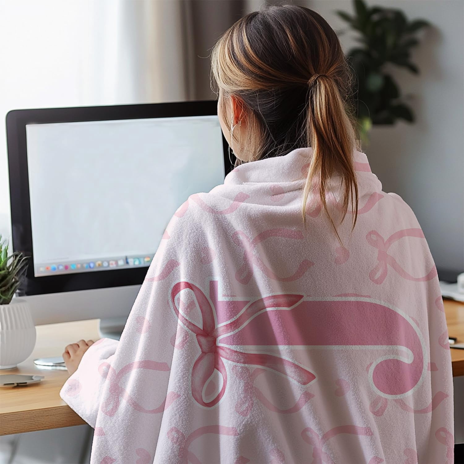 Coquette Pink Bow Blanket,Personalized Initial J Soft Fluffy Cozy Flannel Blanket,Monogrammed Gifts for Daughter Women Teen Women,Customized Blanket for Bedding Bedroom Office,50x60 Inches