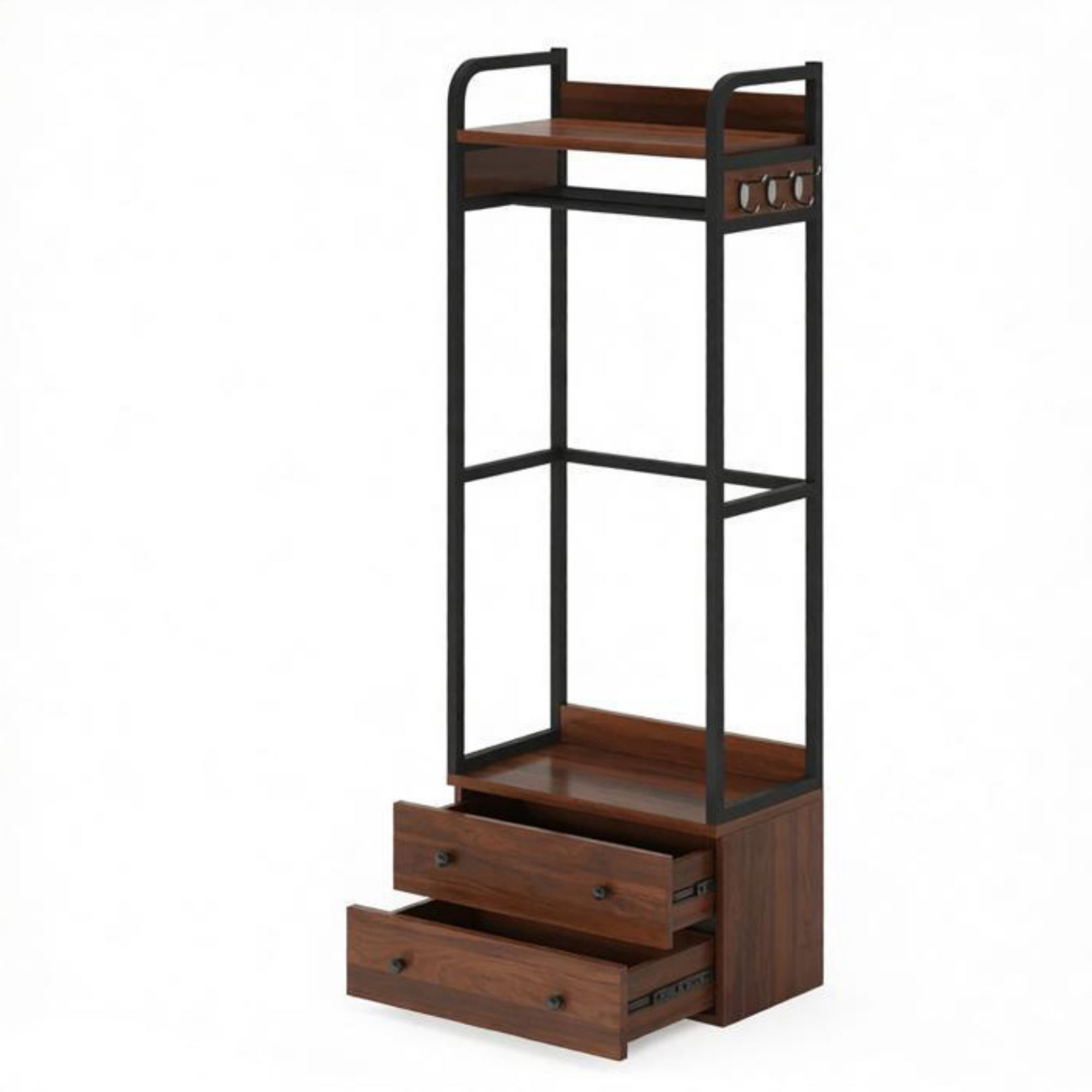 Freestanding Clothes Rack with 2 Drawers and 6 Hooks