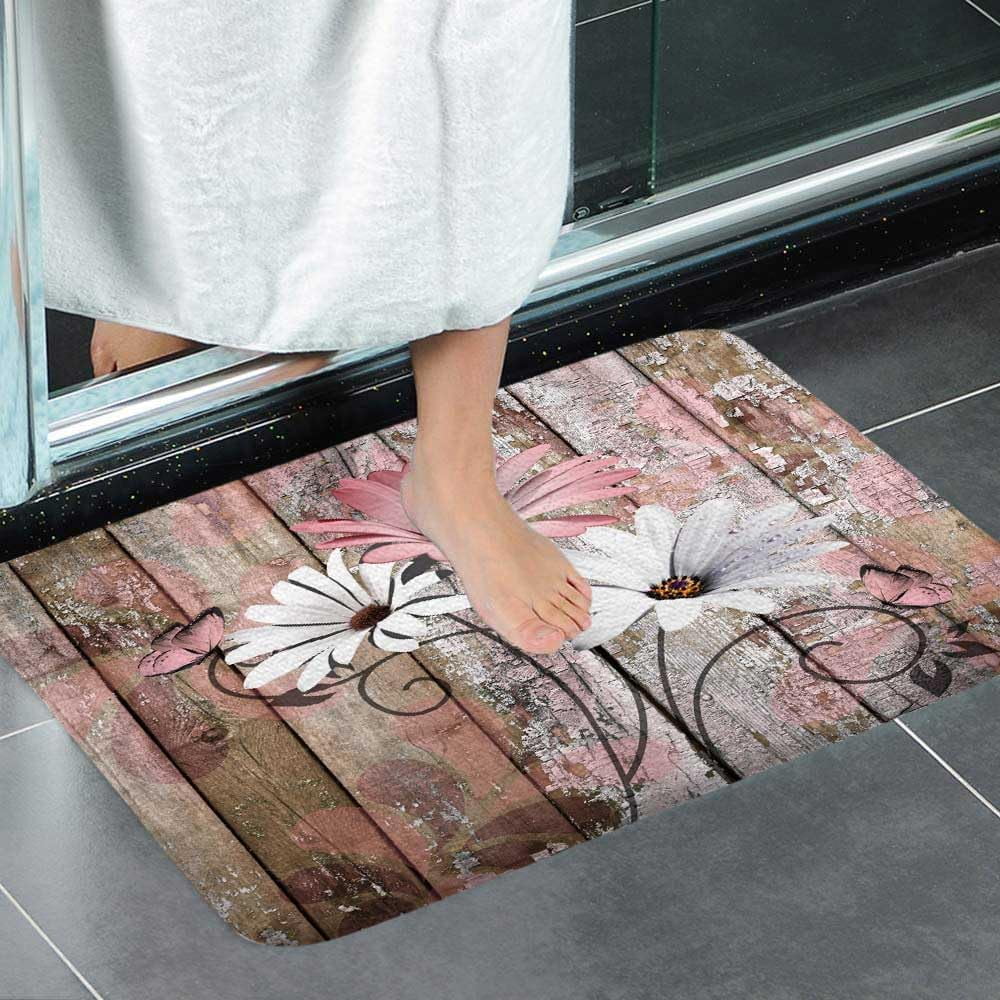Farmhouse Floral Flower Bath Mat, Daisy Rustic Wooden Plank Country Barn Wood Pink Flower Non-Slip Flannel Soft Doormat Floor Entryways Outdoor Indoor Front Door Mat, (17X29)