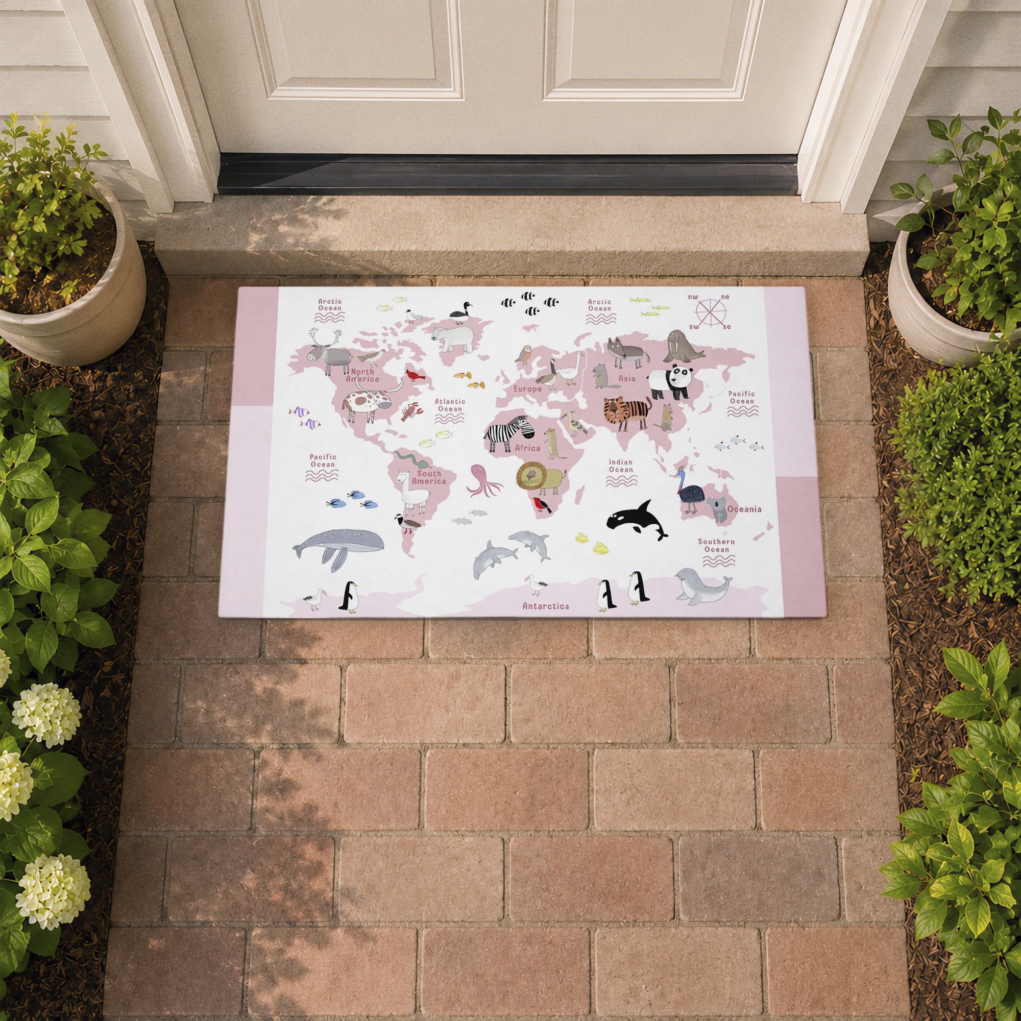 Stupell Industries Pink World Animals Map Printed Outdoor Door Floor Mat, design by Carla Daly
