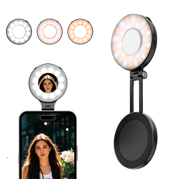 Behome Magnetic Selfie Light, 3 Color Modes & Adjustable Brightness, Retractable 360°Phone Fill Light with Mirror, for Vlog/Photography/TikTok/Makeup